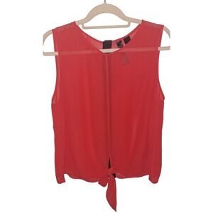 Vivid Red Sheer Knot Front Tie Back Button Up Sleeveless Shirt Top
‎ Size L